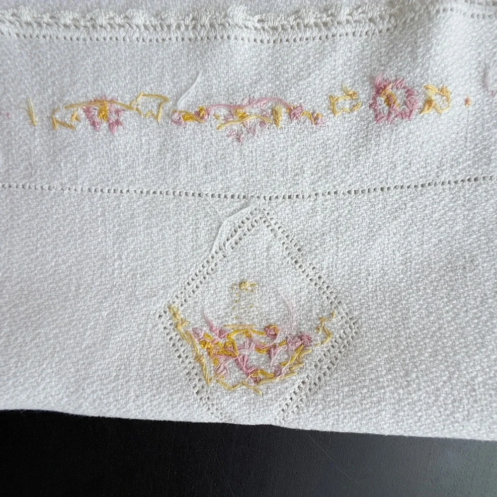 Vintage Hand Embroidered Table Runner Dresser Scarf Set Floral White Cotton Lace